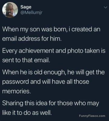 Parent creates email for son to send memories and achievements.
