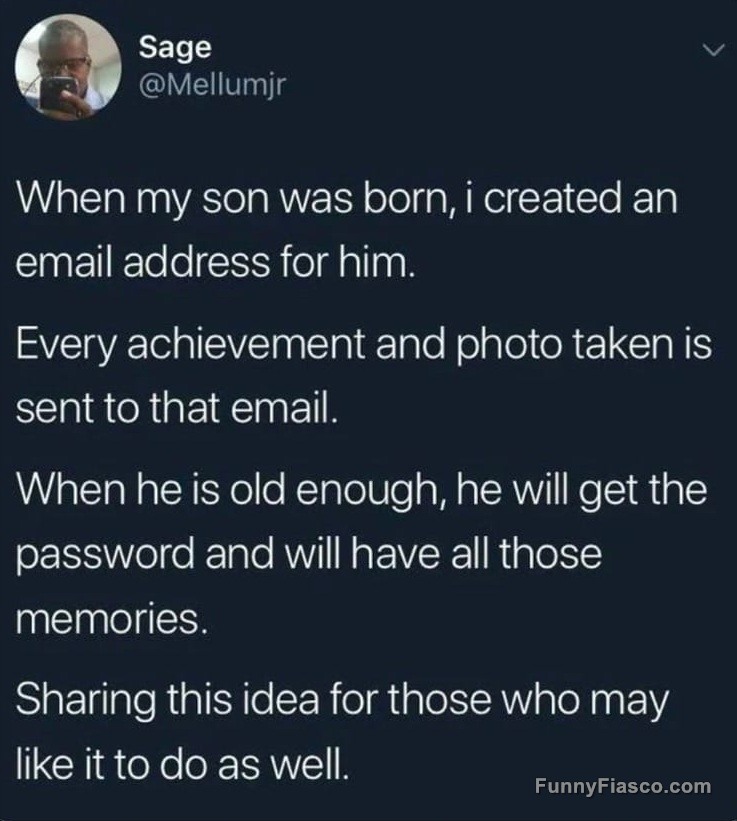 Parent creates email for son to send memories and achievements.