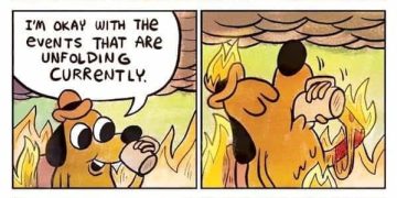 Cartoon dog calmly sitting in a burning room saying "This is fine."