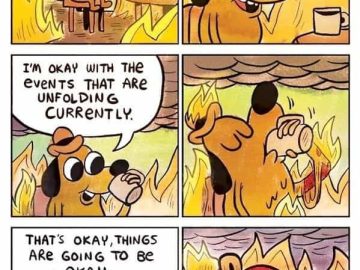 Cartoon dog calmly sitting in a burning room saying "This is fine."