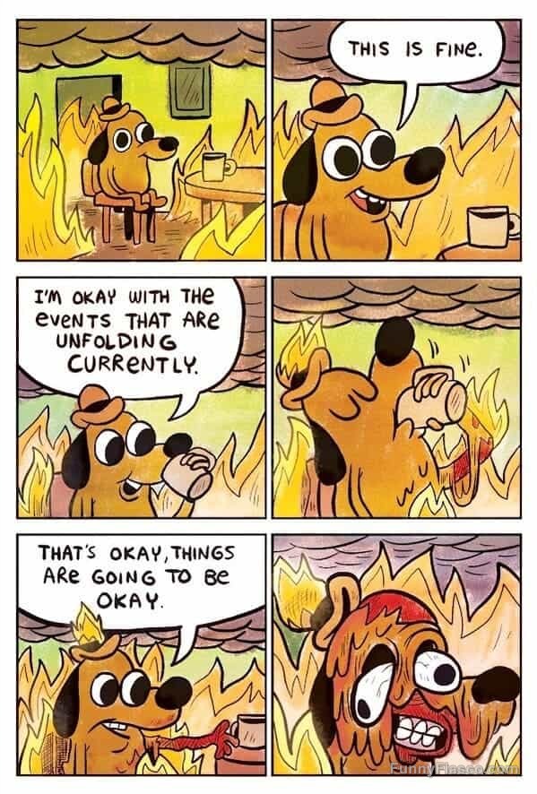 Cartoon dog calmly sitting in a burning room saying "This is fine."