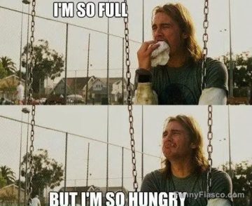 A man eating while saying "I'm so full, but I'm so hungry."