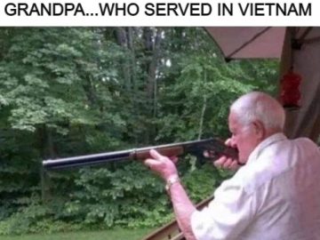 Grandpa veteran holding a rifle during a hide and seek game.