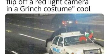 Grinch in police car flips off red light camera humor meme