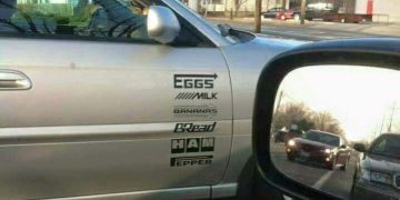 Car with grocery list decals like a racecar sponsorship