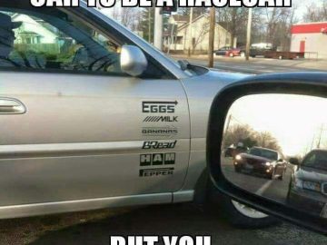 Car with grocery list decals like a racecar sponsorship