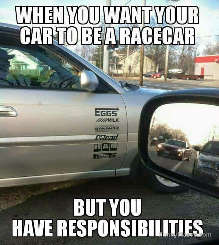 Car with grocery list decals like a racecar sponsorship