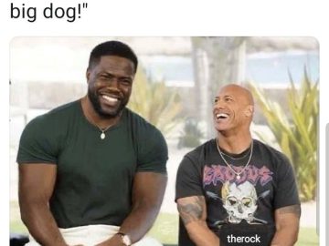 Bodybuilders smiling at gym starter with caption "I see you, big dog!"