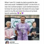 Dad wearing a purple tie-dye shirt that says "Hannah's Dad" at a book launch.