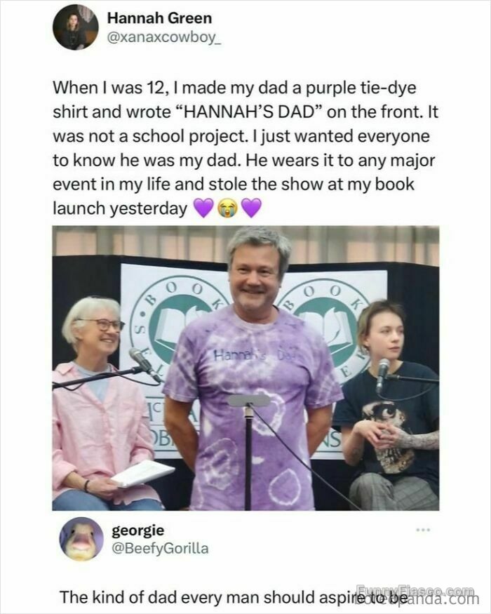 Dad wearing a purple tie-dye shirt that says "Hannah's Dad" at a book launch.