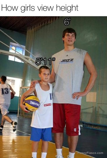 Tall person next to short person labeled with heights 6' and 5'11"