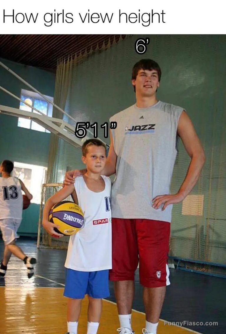 Tall person next to short person labeled with heights 6' and 5'11"