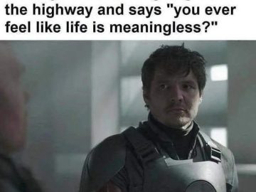 Meme of a concerned man reacting to a speeding existential question.