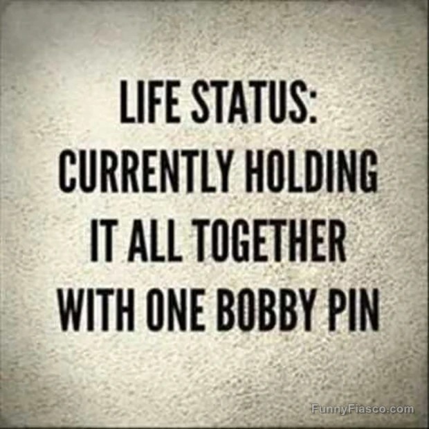 Funny meme about life being held together by a bobby pin.
