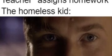 Meme of homeless kid responding to a homework assignment