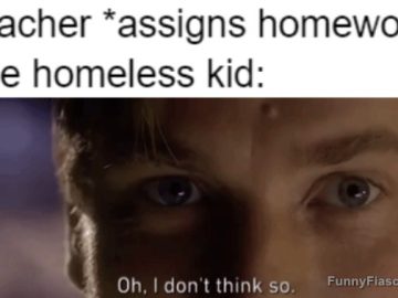 Meme of homeless kid responding to a homework assignment