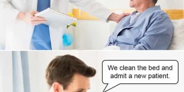 Doctor humor meme: patient asks about afterlife, doctor replies bed turnover.