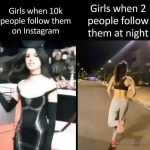 Split image of girl enjoying followers online vs running from real followers at night.