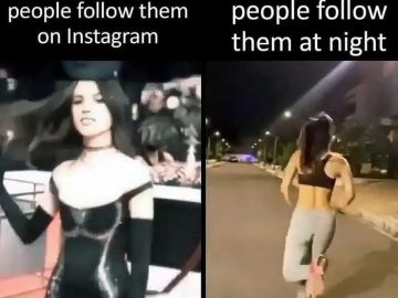 Split image of girl enjoying followers online vs running from real followers at night.