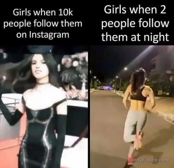Split image of girl enjoying followers online vs running from real followers at night.