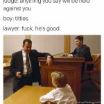 Funny courtroom meme with kid and surprised lawyer response