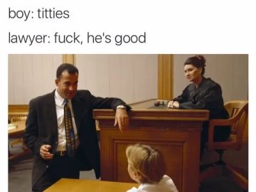 Funny courtroom meme with kid and surprised lawyer response