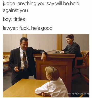 Funny courtroom meme with kid and surprised lawyer response