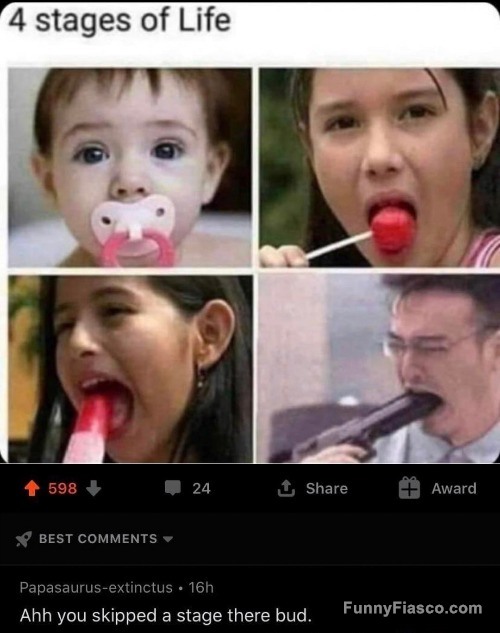 Four stages of life meme, humorous progression from baby to adult.