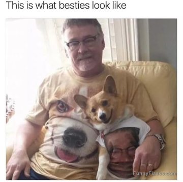 Man and dog wearing matching T-shirts with each other's faces.