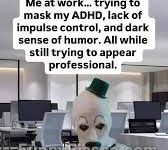A clown struggling to appear professional in an office setting.