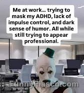 A clown struggling to appear professional in an office setting.