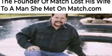Man by pond with text about Match.com founder irony.
