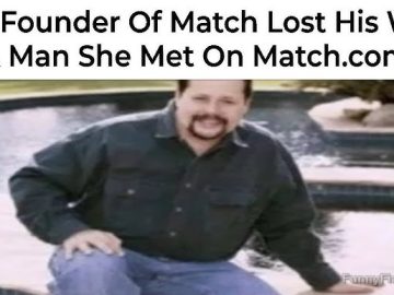 Man by pond with text about Match.com founder irony.
