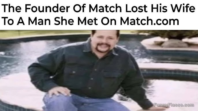 Man by pond with text about Match.com founder irony.
