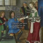Medieval meme with a humorous take on exam and dating cheating.