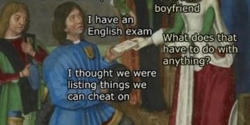 Medieval meme with a humorous take on exam and dating cheating.