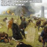 Viking raiders attacking a village with the caption about living in the moment.