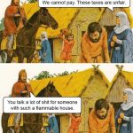Medieval knight warns villager about flammable house during tax dispute.