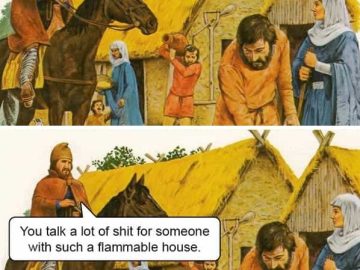 Medieval knight warns villager about flammable house during tax dispute.