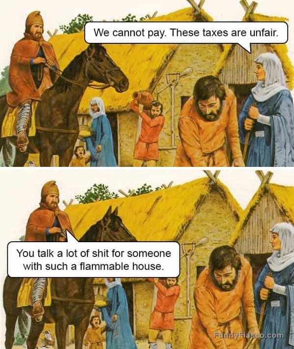 Medieval knight warns villager about flammable house during tax dispute.