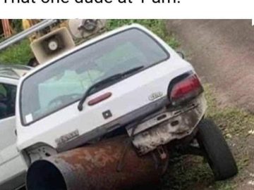 Car with oversized exhaust pipe humorously compared to 1 AM noise.