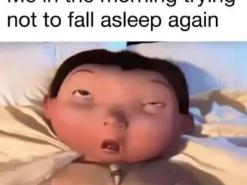 Cartoon character struggling to stay awake in the morning.