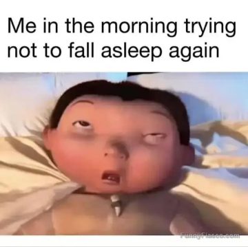 Cartoon character struggling to stay awake in the morning.