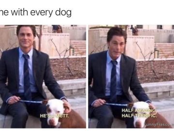 Man sitting with a dog, stating it's half amazing, half terrific.