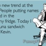 Cartoon man jokes about eating a tuna sandwich named Kevin from the office fridge.