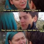 Scene with caption about nose ring looking like cow's
