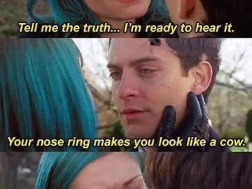 Scene with caption about nose ring looking like cow's