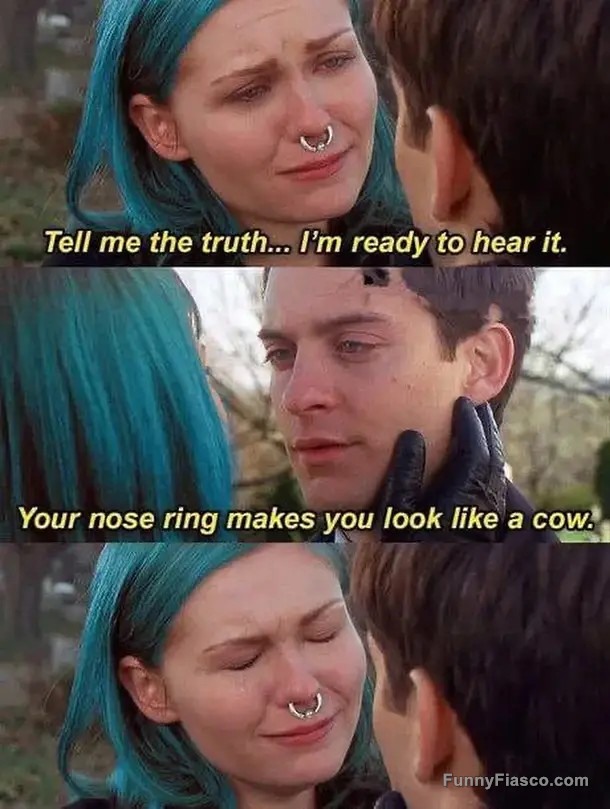 Scene with caption about nose ring looking like cow's