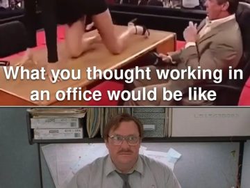 "Office expectations vs reality meme with humorous contrast"