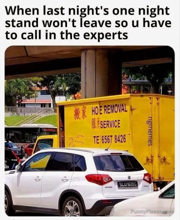 Yellow truck with Hoe Removal Service sign for a funny meme.